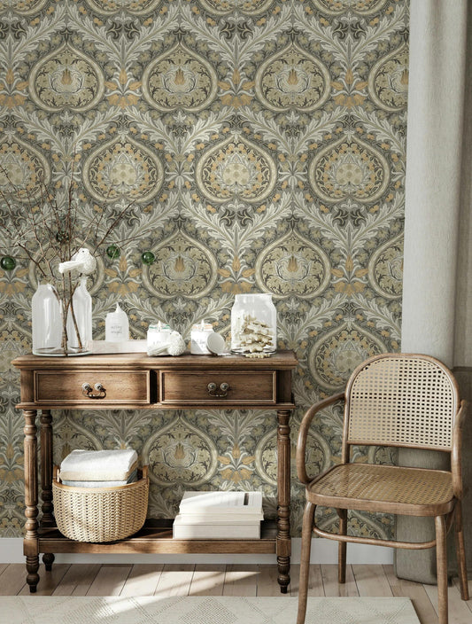 William Morris Ecru Green Eden Heart Wallpaper, Vintage Nature Wallpaper, Romantic Wall Mural, Peel and Stick Wallpaper, Art Wallpaper