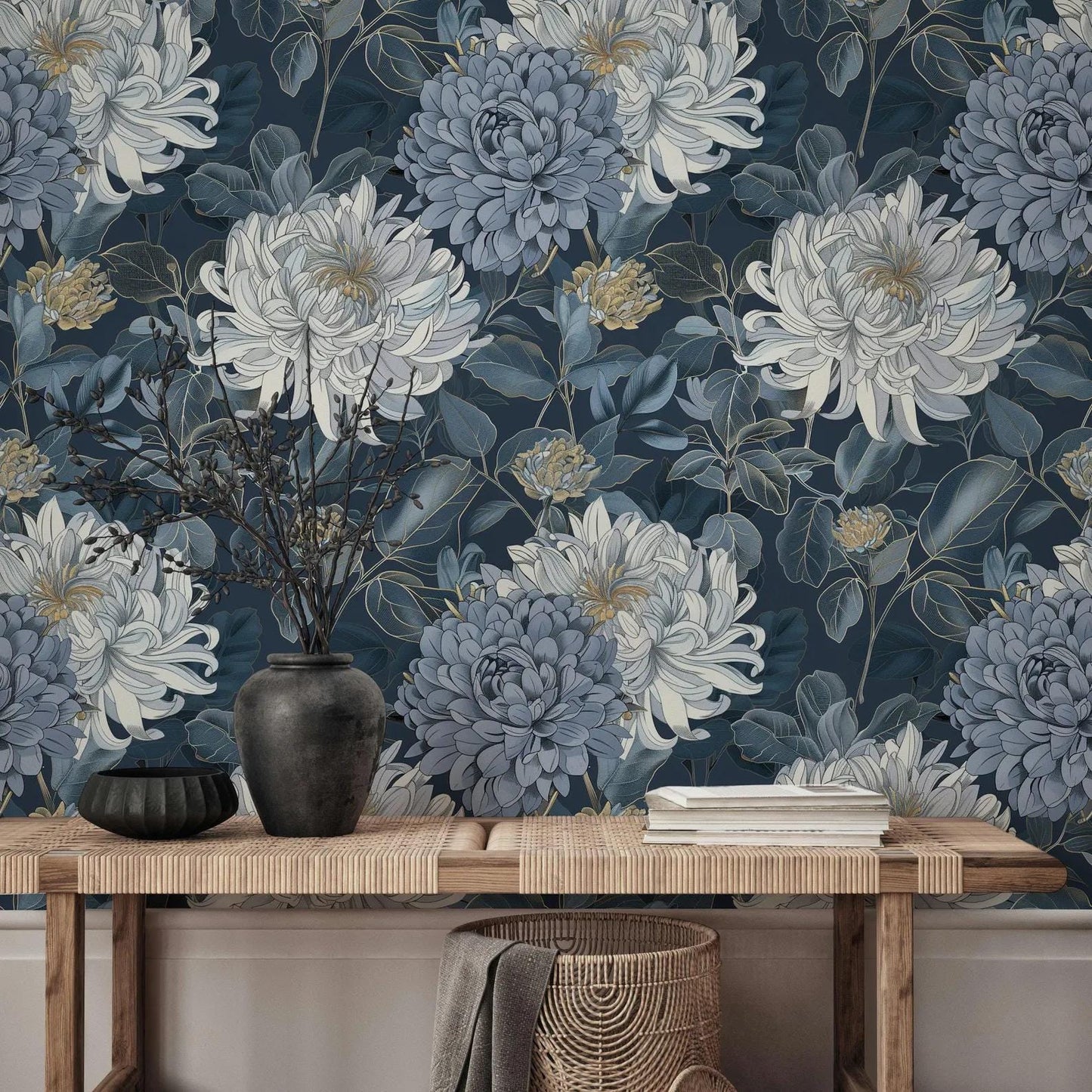 Blue Floral Wallpaper, Bohemian Wallpaper, Chrysanthemums Mural, Botany Peel and Stick Wallpaper, Stylish Room Design, Blue Wallpaper