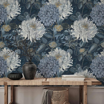 Blue Floral Wallpaper, Bohemian Wallpaper, Chrysanthemums Mural, Botany Peel and Stick Wallpaper, Stylish Room Design, Blue Wallpaper