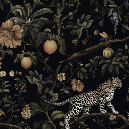 Dark Jungle Tropical Wallpaper – Leopard, Exotic Fruits & Botanical Mural