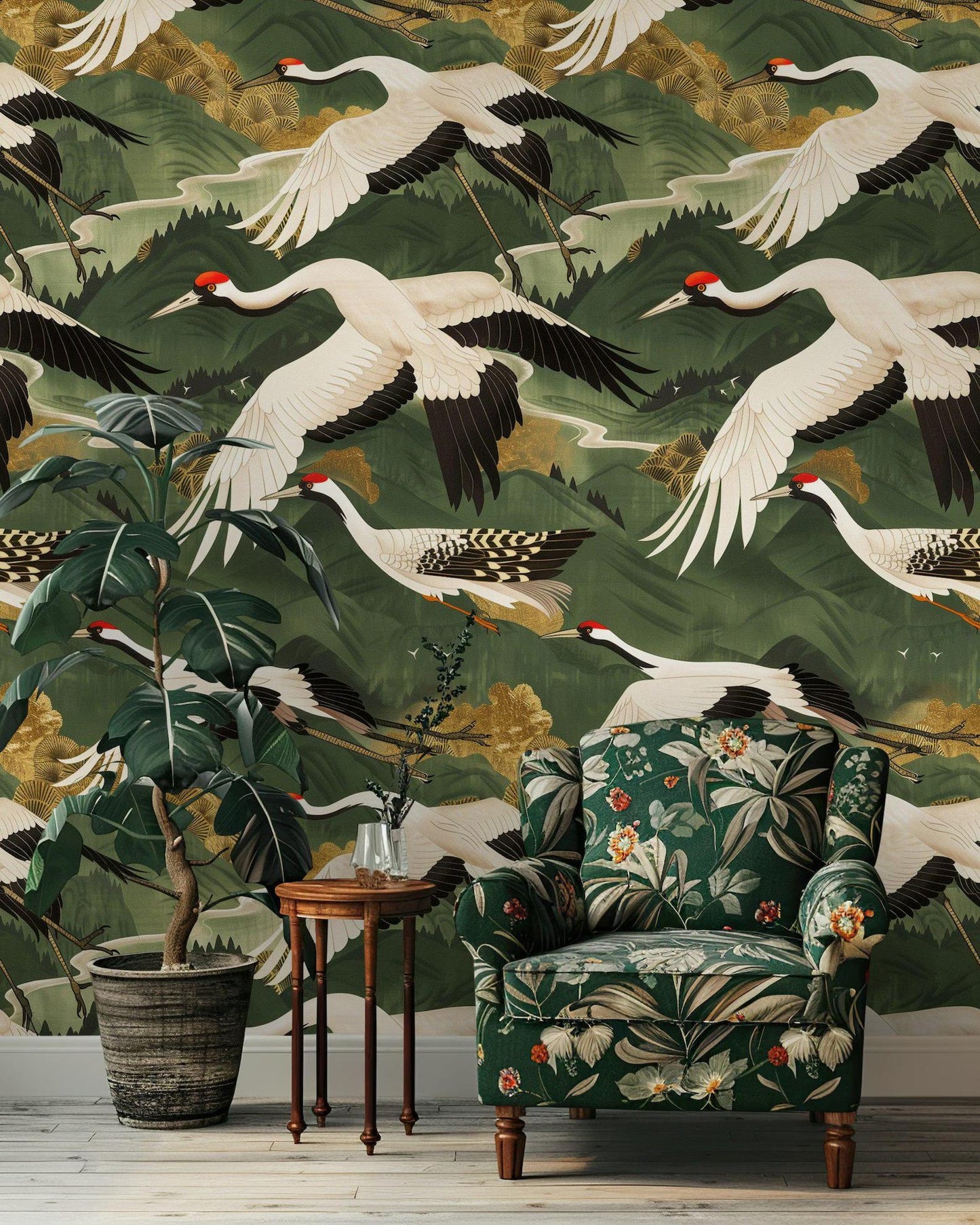 Crane Birds Flying in Green Sky Wallpaper, Mystic Artistic Wallpaper, Romantic Wall Mural, Peel and Stick Wallpaper, Bohemian Wallpaper