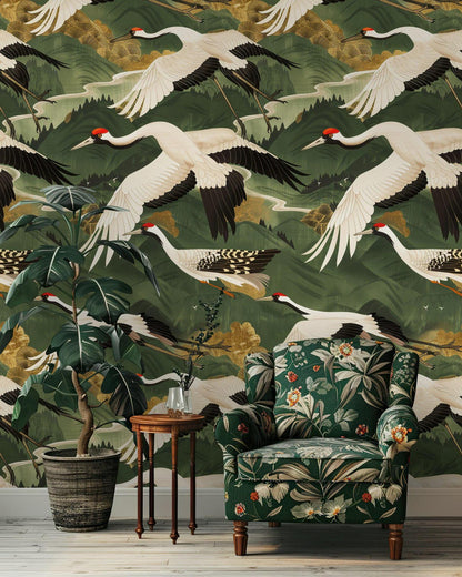 Crane Birds Flying in Green Sky Wallpaper, Mystic Artistic Wallpaper, Romantic Wall Mural, Peel and Stick Wallpaper, Bohemian Wallpaper