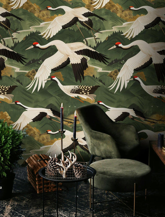 Crane Birds Flying in Green Sky Wallpaper, Mystic Artistic Wallpaper, Romantic Wall Mural, Peel and Stick Wallpaper, Bohemian Wallpaper
