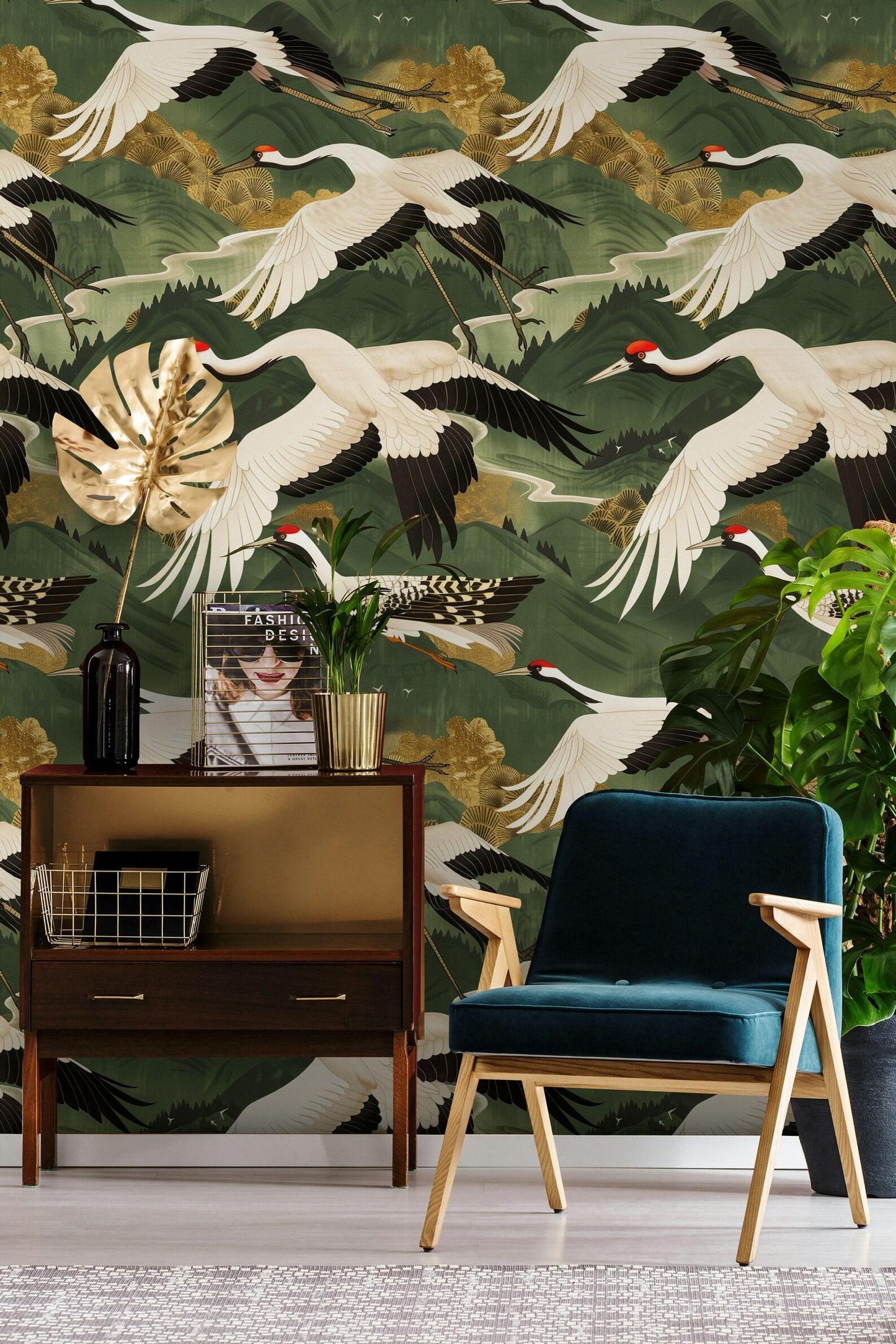 Crane Birds Flying in Green Sky Wallpaper, Mystic Artistic Wallpaper, Romantic Wall Mural, Peel and Stick Wallpaper, Bohemian Wallpaper