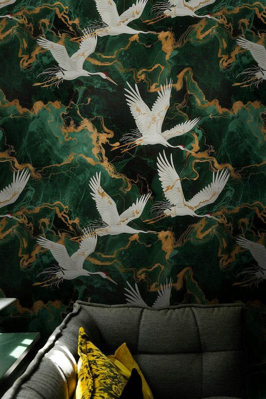 Crane Birds on Emerald Background Wallpaper, Mystic Artistic Wallpaper, Romantic Wall Mural, Peel and Stick Wallpaper, Bohemian Wallpaper