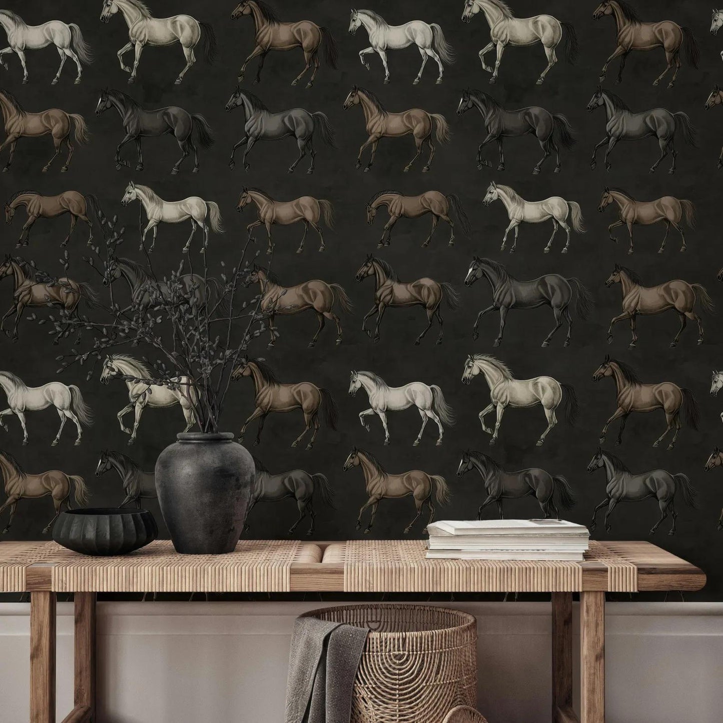 Vintage Horses Wallpaper, Unique Design Wallpaper, Mystic Artistic Wallpaper, Romantic Wall Mural, Peel&Stick Wallpaper, Bohemian Wallpaper