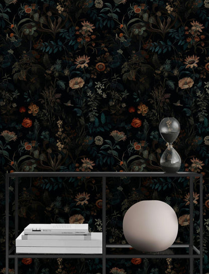 Elegant Dark Botanical Garden Wallpaper, Exotic Flowers on black Background, Mystic Wallpaper, Floral Wallpaper, Bohemian Wallpaper