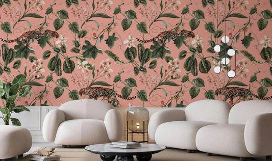 Leopard in Pink Jungle Wallpaper, Exotic Tropical Animal and Nature Wallpaper, Botanical Wallpaper, Floral Wallpaper
