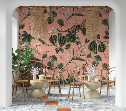 Leopard in Pink Jungle Wallpaper, Exotic Tropical Animal and Nature Wallpaper, Botanical Wallpaper, Floral Wallpaper