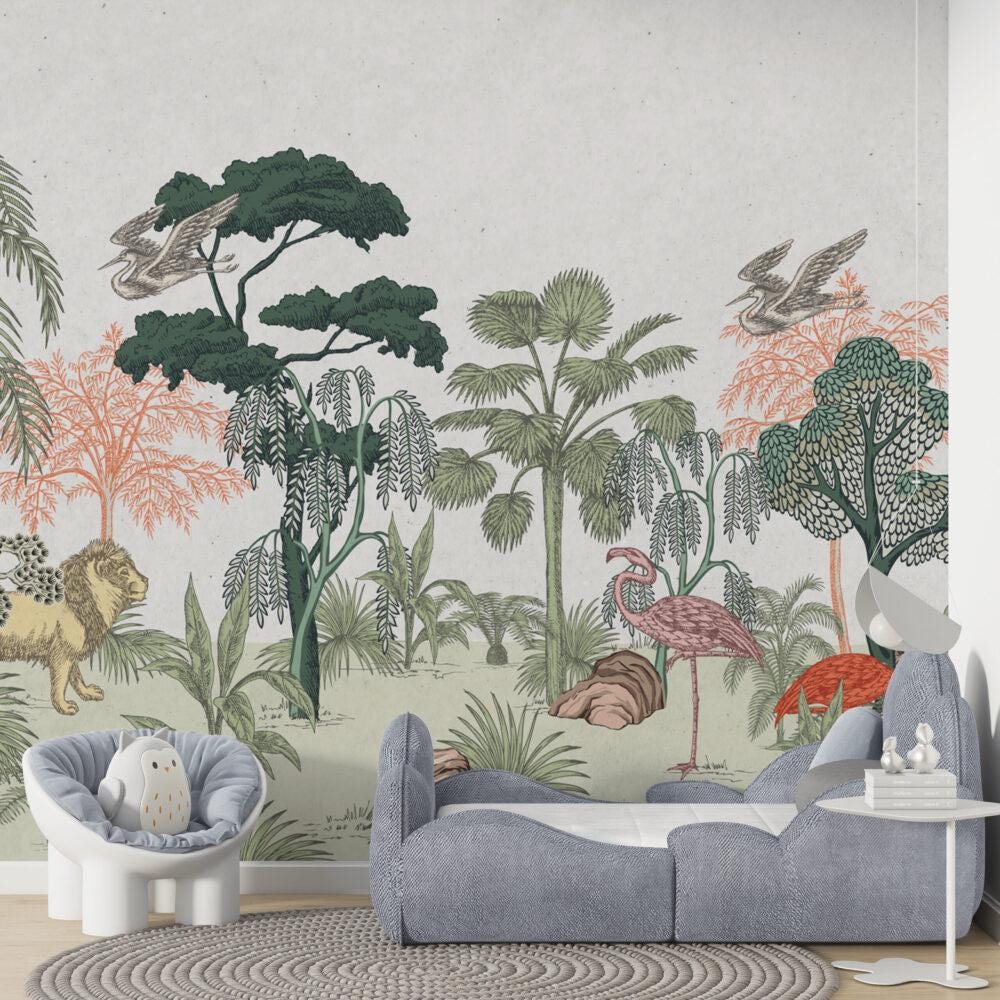 Linear Forest And Animals 3D Wallpaper For Kidsroom, Illustration Childrens Wallpaper, Wall Mural Nursery, Wide Wallpaper, Jungle Wallpaper