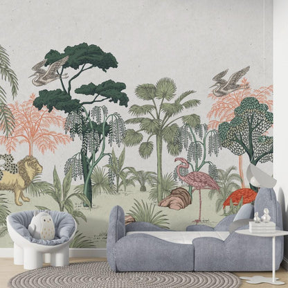Linear Forest And Animals 3D Wallpaper For Kidsroom, Illustration Childrens Wallpaper, Wall Mural Nursery, Wide Wallpaper, Jungle Wallpaper