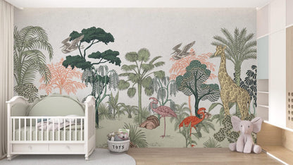 Linear Forest And Animals 3D Wallpaper For Kidsroom, Illustration Childrens Wallpaper, Wall Mural Nursery, Wide Wallpaper, Jungle Wallpaper