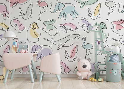Linear Animal Figures Kids Wallpaper, illustration Wallpaper Nursery, Peel and Stick Wallpaper, Watercolor Wallpaper, Fun Wallpaper for Kids