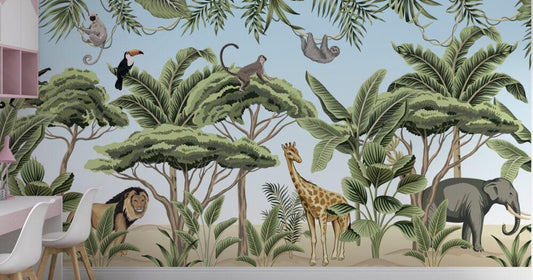 3D Wallpaper Tropical Animals for Kids Room, Children and Baby Wallpaper, Lion Elephant Giraffe Wallpaper Nursery, Wild Jungle Wallpaper