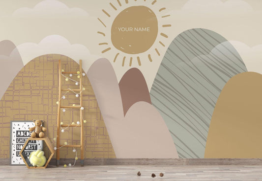 Mountain and Sun Personalized Kids Wallpaper, Illustration Wallpaper Nursery, Art Child Wallpaper, Colorful Peel and Stick Baby Wallpaper