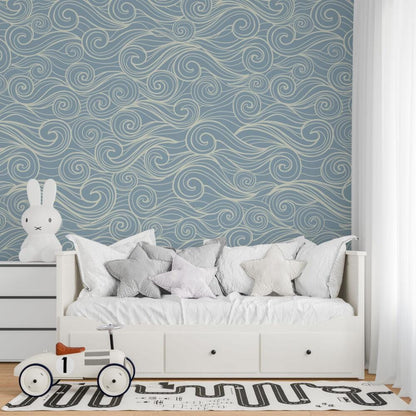 Linear Wave Pattern Wallpaper, Illustration Wallpaper Nursery, Art Child Wallpaper, Peel and Stick Baby Boy Wallpaper, Blue Kids Wallpaper