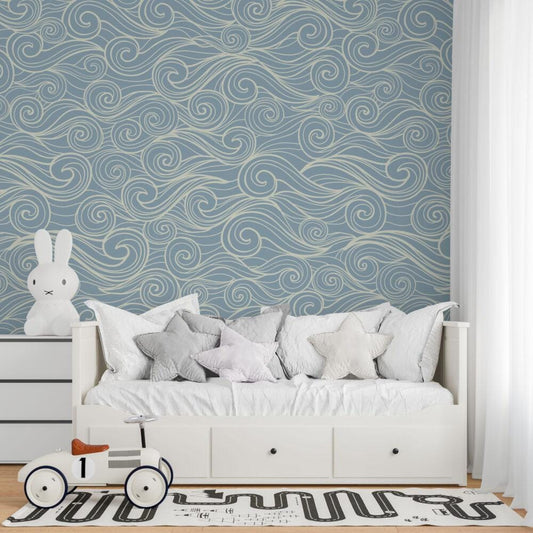 Linear Wave Pattern Wallpaper, Illustration Wallpaper Nursery, Art Child Wallpaper, Peel and Stick Baby Boy Wallpaper, Blue Kids Wallpaper