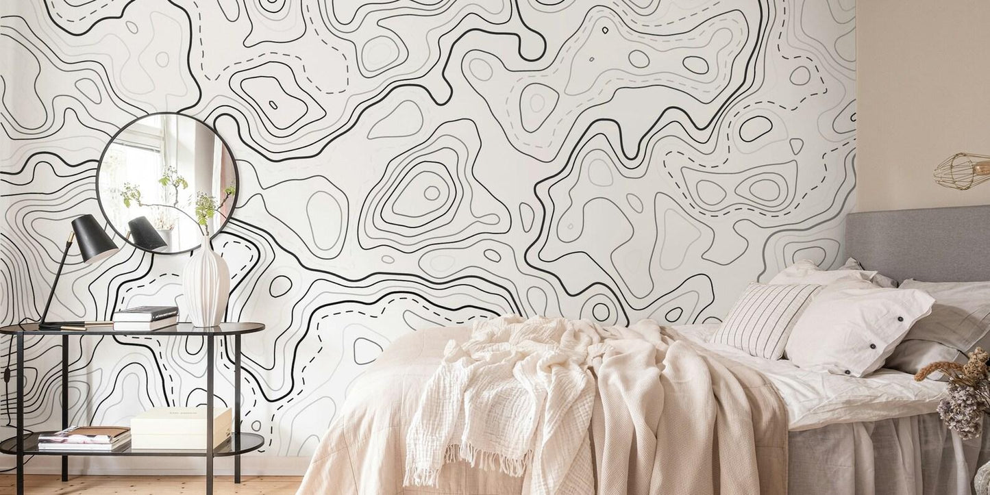 Black and White Topographic Map Patterns Wallpaper, Peel and Stick Wallpaper, Stylish Room Design, Modern Wallpaper, Abstract Wallpaper
