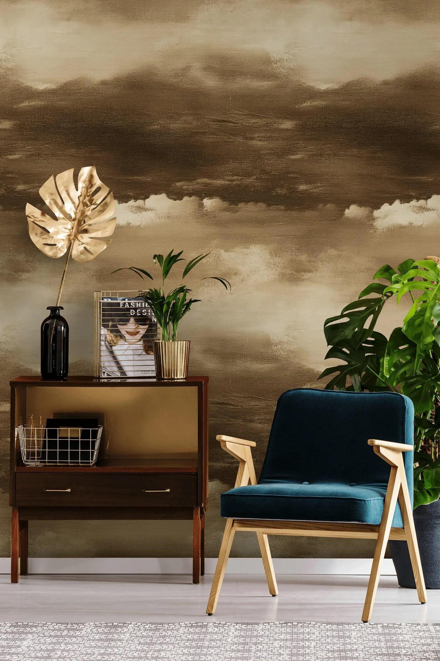 Watercolor Clouds Wallpaper in Sepia Tones, Soft Drawwing Wallpaper, Sky Wallpaper, Nature Mural, Peel and Stick Wallpaper, Cloudy Wallpaper