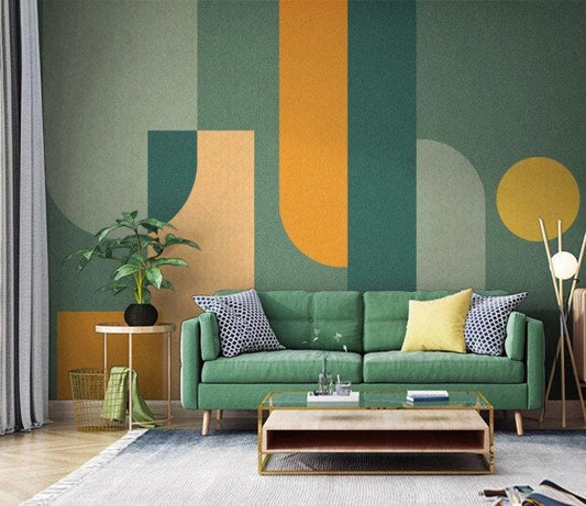 Geometric Shapes Wallpaper in Green and Orange, Colorful Pattern Wallpaper, Boho Colored Mural, Peel & Stick Wallpaper, Stylish Wall Design
