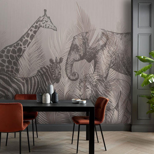 Shadows of Safari Animals Wallpaper, Giraffe Elephant Lion Zebra Gazelle Wallpaper, Exotic Jungle Wallpaper, Drawing Africa Wall Mural