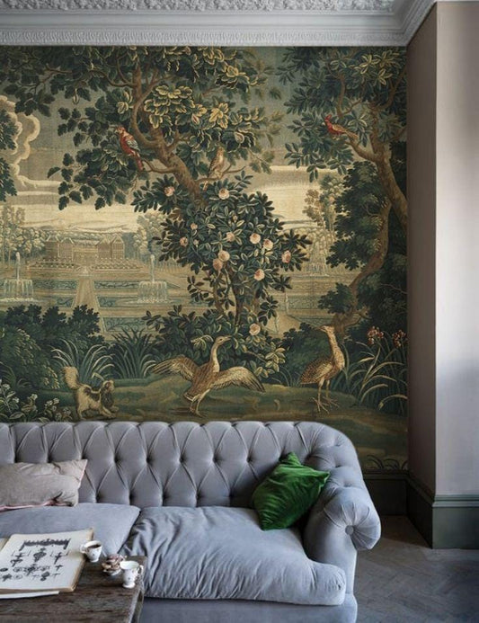Birds and Rose Tree in Palace Garden Wallpaper, Bohemian Wallpaper, Trees Mural, Peel and Stick Wallpaper, Wall Design, Nostalgic Wallpaper