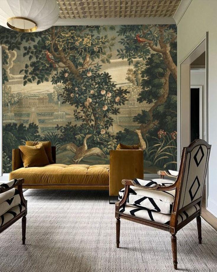 Birds and Rose Tree in Palace Garden Wallpaper, Bohemian Wallpaper, Trees Mural, Peel and Stick Wallpaper, Wall Design, Nostalgic Wallpaper