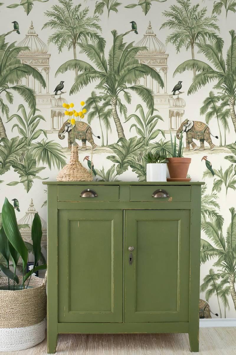 Exotic Forest Wallpaper, Tropical Animal and Nature Wallpaper, Elephant and Trees Botanical Wallpaper, Indian Gardens Wallpaper