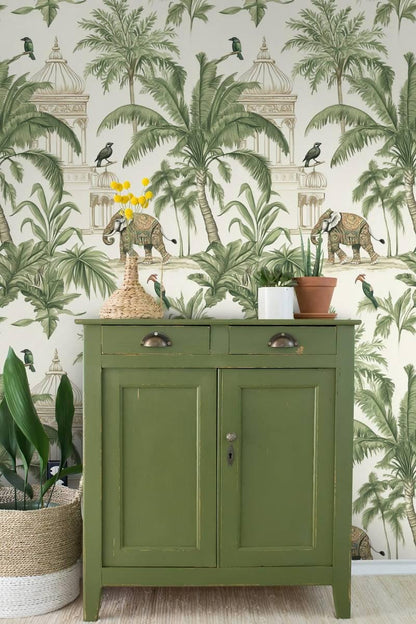 Exotic Forest Wallpaper, Tropical Animal and Nature Wallpaper, Elephant and Trees Botanical Wallpaper, Indian Gardens Wallpaper