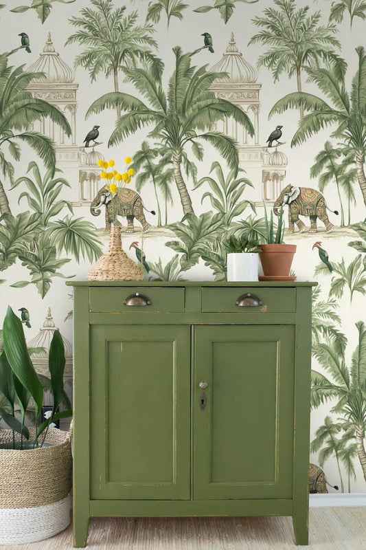 Exotic Forest Wallpaper, Tropical Animal and Nature Wallpaper, Elephant and Trees Botanical Wallpaper, Indian Gardens Wallpaper