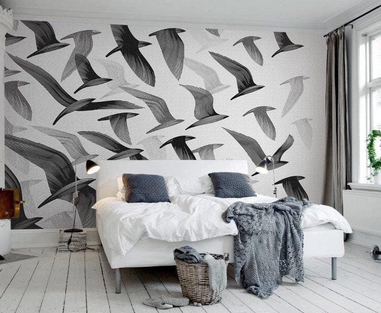 Black Birds Wallpaper, Illustration Birds Pattern Wallpaper, Bathroom Wallpaper, Drawing Wall Mural, Bedroom Wallpaper, Nature Wallpaper