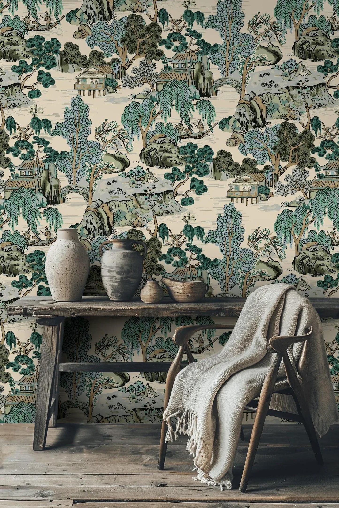 Japanese Garden Wallpaper, Bohemian Art Wallpaper, Trees Peel and Stick Wallpaper, Antique Botany Drawwing Wallpaper, Dark Green Wallpaper