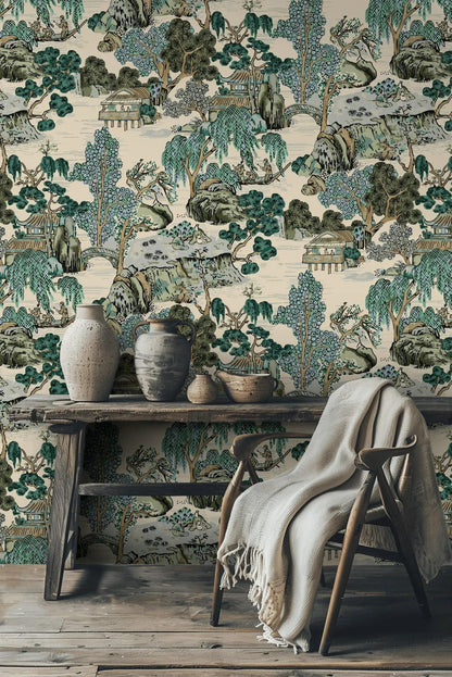 Japanese Garden Wallpaper - Dark Green Botanical Trees Mural