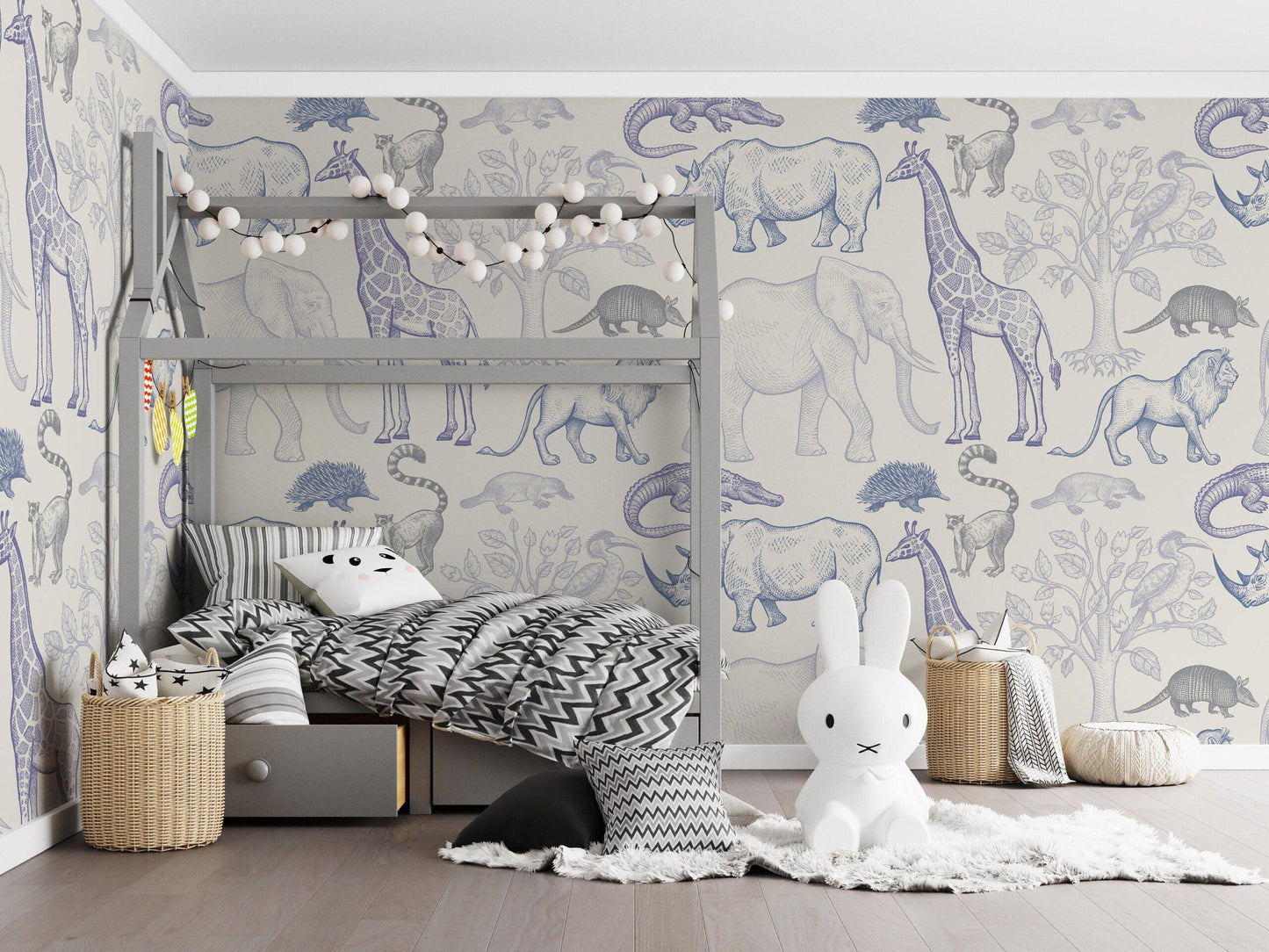 Blue Wild Animal Figures Kids Wallpaper, Illustration Wallpaper Nursery, Peel and Stick Wallpaper, Watercolor Wallpaper, Wallpaper For Baby