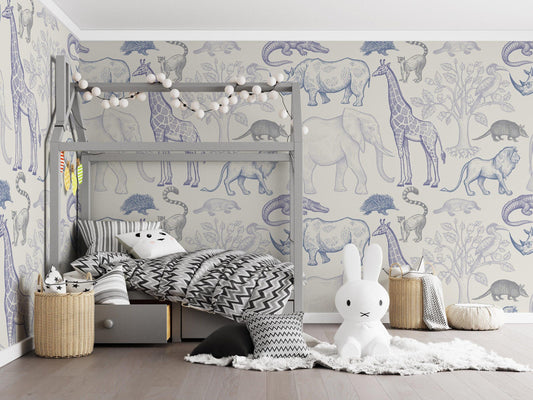 Blue Wild Animal Figures Kids Wallpaper, Illustration Wallpaper Nursery, Peel and Stick Wallpaper, Watercolor Wallpaper, Wallpaper For Baby