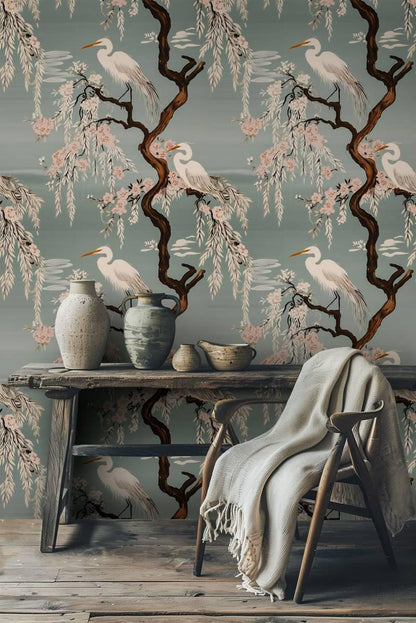 Crane Birds and Cherry Blossom Wallpaper, Special Design Wallpaper, BLue Lake and Birds Wallpaper, Romantic Mural, Vintage Nature Wallpaper