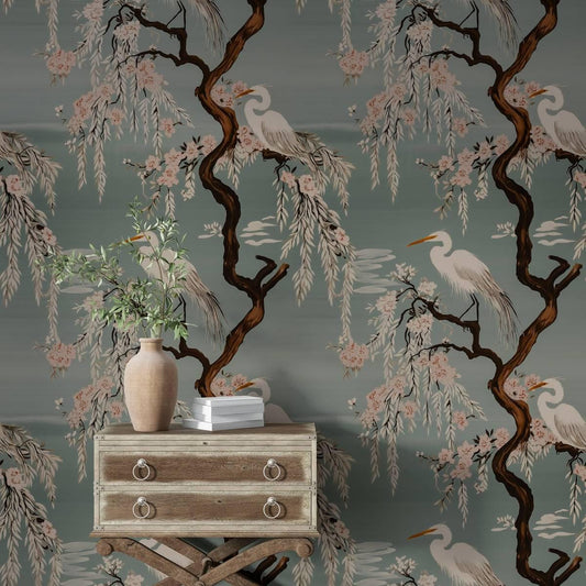 Crane Birds and Cherry Blossom Wallpaper, Special Design Wallpaper, BLue Lake and Birds Wallpaper, Romantic Mural, Vintage Nature Wallpaper