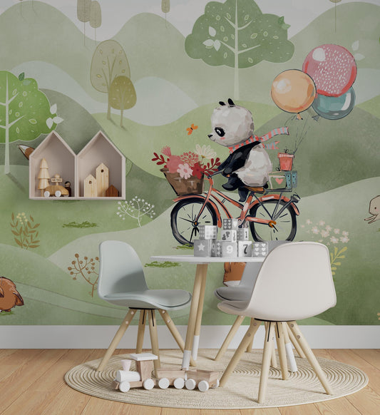 Panda on a Bike and Her Cute Friends Wallpaper, Animals Wallpaper Nursery, Childrens Wallpaper , Peel and Stick Wallpaper, Baby Wallpaper