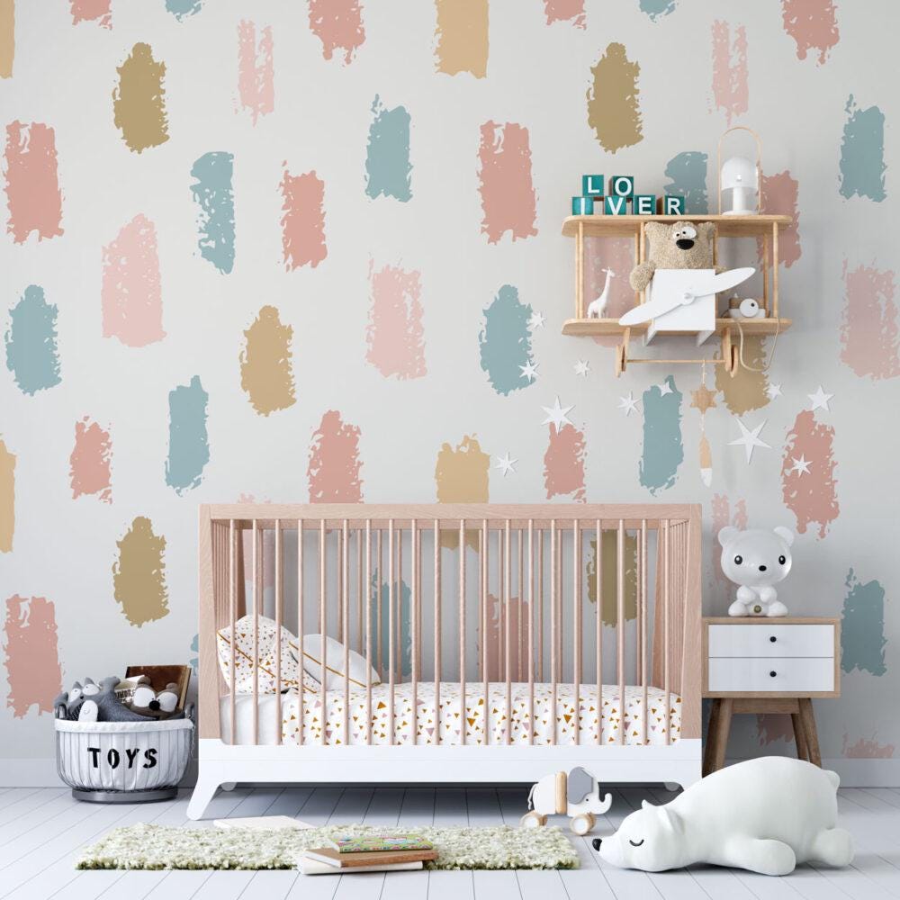 Brush Trace Wallpaper for Kids Rooms, Fun Kid Mural Illustration Wallpaper Nursery, Art Child Wallpaper, Peel and Stick Baby Wallpaper