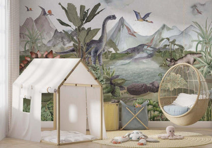Dinosaurs By The Lake Wallpaper, Wild Animals Wallpaper Nursery, Jungle Childrens Wallpaper, Peel and Stick Wallpaper, Baby Wallpaper