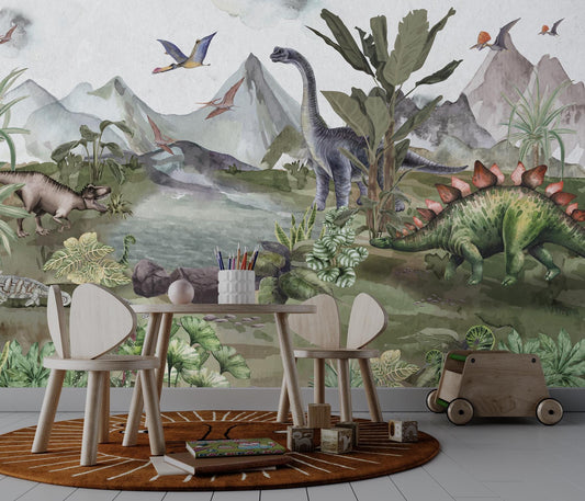 Dinosaurs By The Lake Wallpaper, Wild Animals Wallpaper Nursery, Jungle Childrens Wallpaper, Peel and Stick Wallpaper, Baby Wallpaper