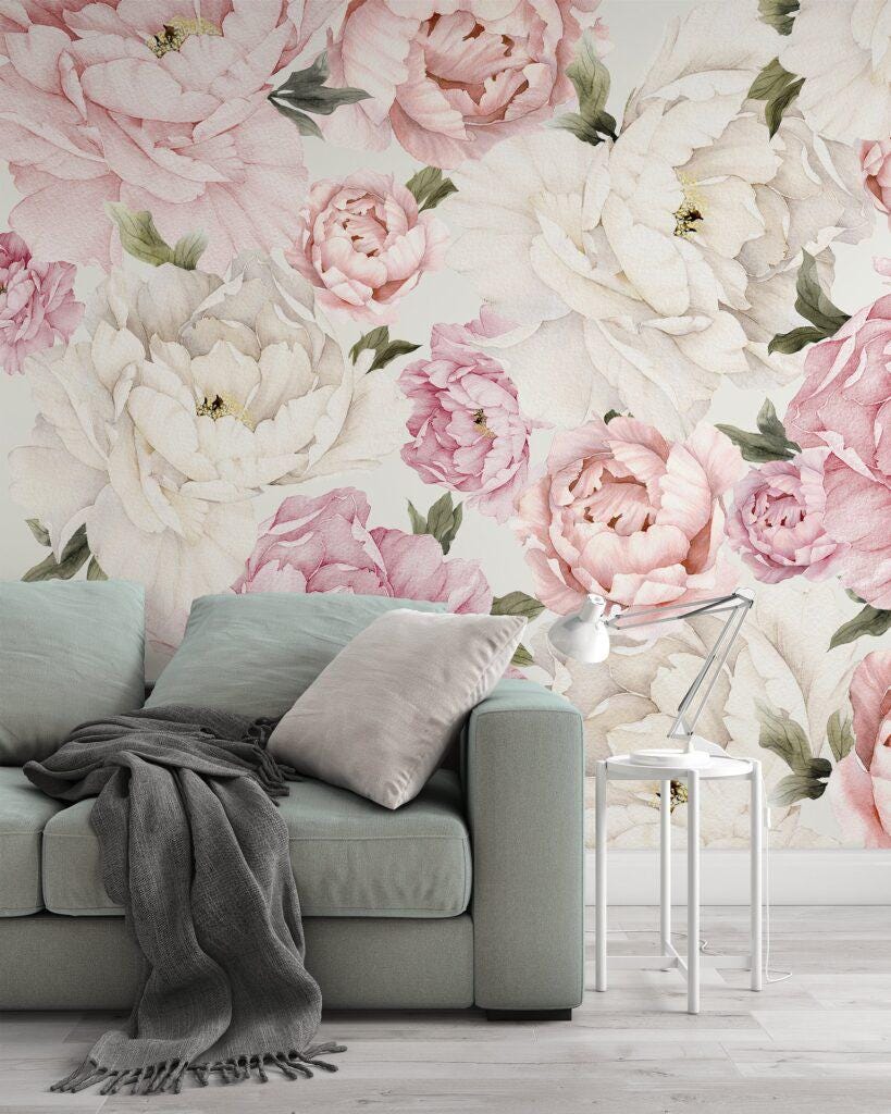 Pink and White Peony Flowers Wallpaper, Floral Wallpaper, Colourful Romantic Wall Mural, Peel and Stick Wallpaper, Spring Themed Wallpaper