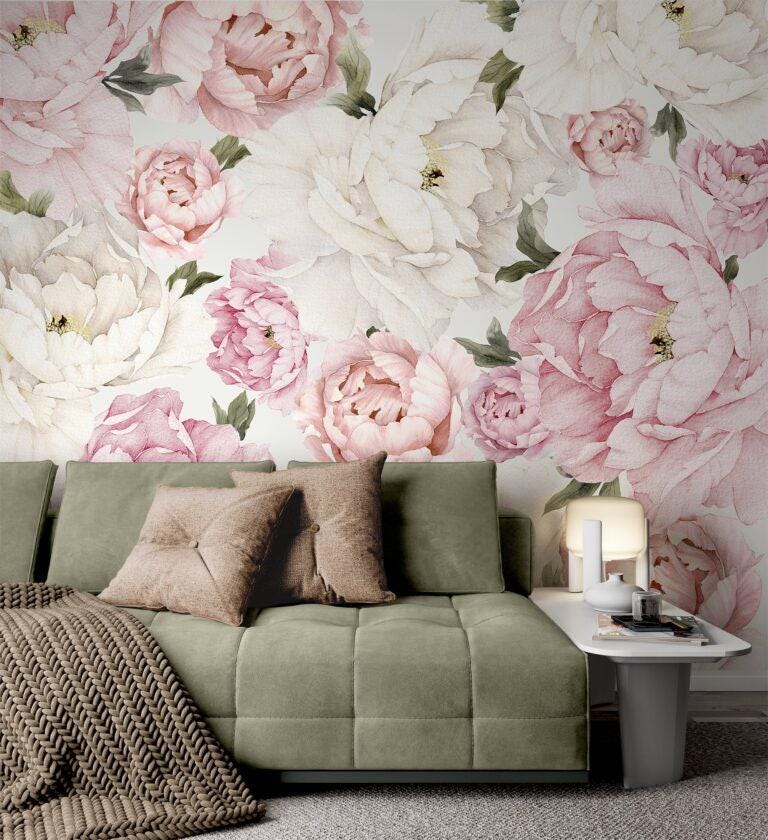 Pink and White Peony Flowers Wallpaper, Floral Wallpaper, Colourful Romantic Wall Mural, Peel and Stick Wallpaper, Spring Themed Wallpaper