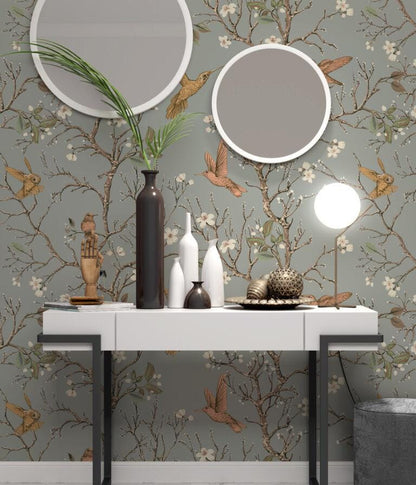 Hummingbirds Flowers Retro Style Floral Backdrop Wallpaper, Peel and Stick Wallpaper, Stylish Room Design, Vintage Artistic Wallpaper