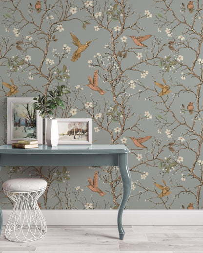 Hummingbirds Flowers Retro Style Floral Backdrop Wallpaper, Peel and Stick Wallpaper, Stylish Room Design, Vintage Artistic Wallpaper