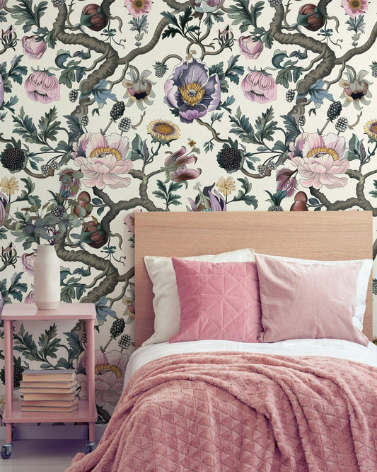 Pastel Colored Botanical Floral Wallpaper, Light Background, Detailed Flower and Leaf Design, Eaten Raspberry Wall Mural, Spring Wallpaper