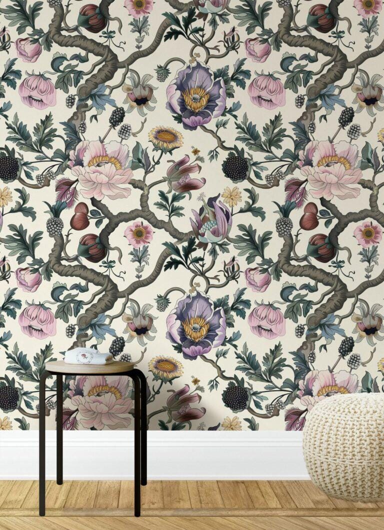 Pastel Colored Botanical Floral Wallpaper, Light Background, Detailed Flower and Leaf Design, Eaten Raspberry Wall Mural, Spring Wallpaper