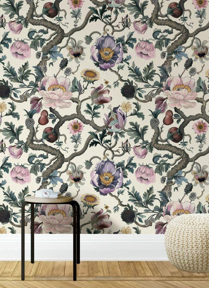 Pastel Colored Botanical Floral Wallpaper, Light Background, Detailed Flower and Leaf Design, Eaten Raspberry Wall Mural, Spring Wallpaper