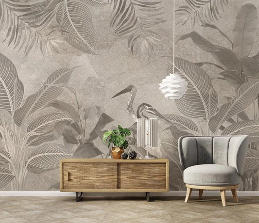 Retro Medieval Tropical Plants Wallpaper, Bohemian Peel and Stick Wallpaper, Nature Wallpaper, Nostalgic Wallpaper, Drawwing Leaf Wallpaper