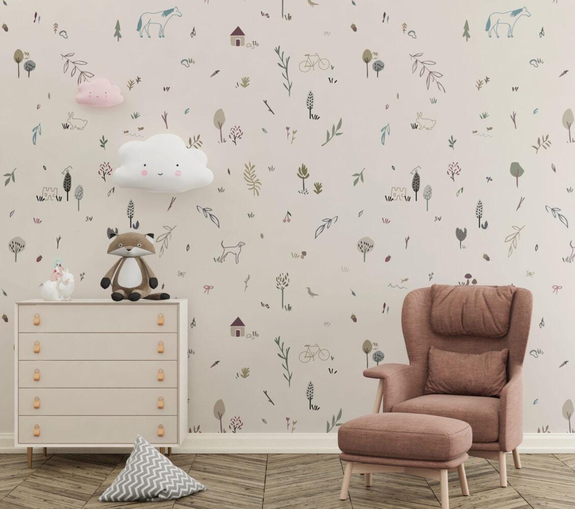 Animal And Tree Minimal Pattern Wallpaper, illustration Wallpaper Nursery, Peel and Stick Watercolor Wallpaper, Fun Wallpaper for Kids
